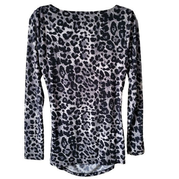 Vince Camuto Gray Animal Print Jersey Knit Wrap Top M Bodycon Modern Sexy Career - Picture 6 of 10